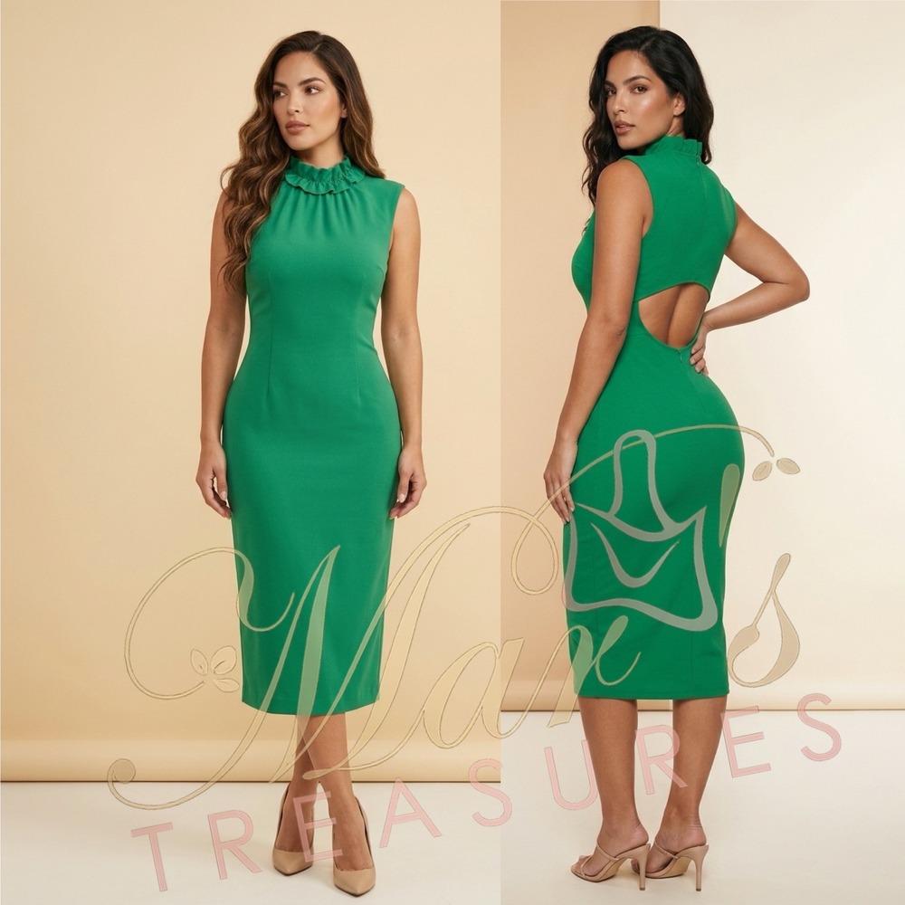NWT TIBI Green Midi Dress Rouged Neck Back Open Cutout Sz M